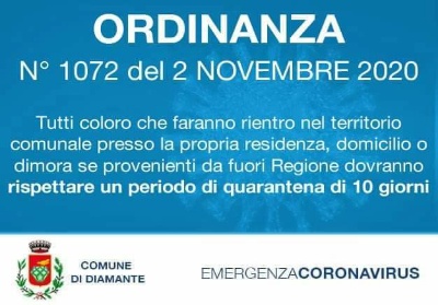 Diamante: In attese del nuovo DPCM, quarantena di 10 giorni per chi arriva da fuori Regione